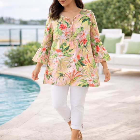 J. Jill Tops - J. Jill Tropical Paradise Floral Lightweight Chiffon Tunic Blouse XSP NEW Resort